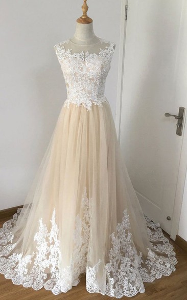 Simple A Line Lace Floor-length Sleeveless Illusion Prom Dress with Appliques