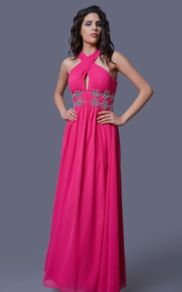 Sleeveless Chiffon A-Line Dress With Beaded Appliques and Illusion Back
