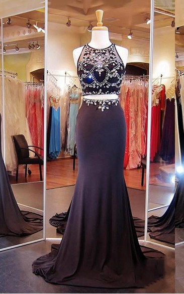 Two Pieces Trumpet Jewel Beading Court Train Prom Dress