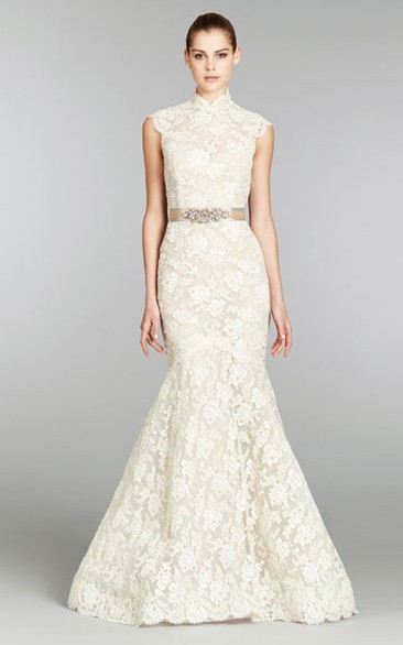 Noble Cap Sleeve Lace Mermaid Gown With Crystal Belt and Keyhole Back