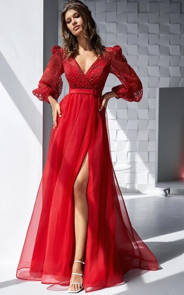 Long Sleeve Plunged Chiffon Red Front Split Dress with Beaded top