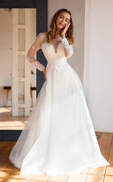 Lace Tulle Floor-length A Line Long Sleeve Modest Wedding Dress with Beading