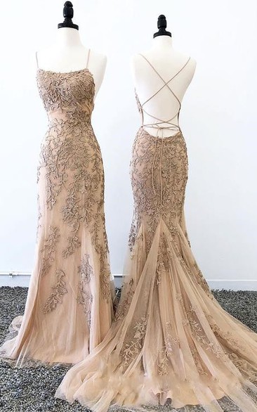 Modern Brush Train Sleeveless Lace Mermaid Open Back Prom Dress with Appliques