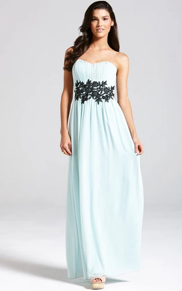 Empire Long Strapless Chiffon Dress With Lace Applique