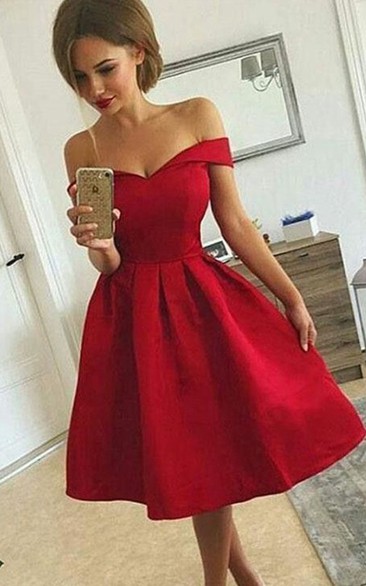 A-line Sleeveless Satin Off-the-shoulder Zipper Tea-length Homecoming Dress