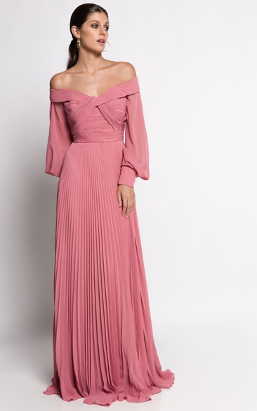 Poet Long Sleeved A Line Chiffon Prom Dress with Pleats