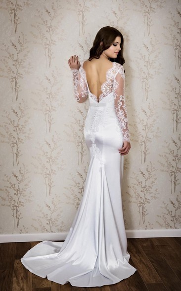 Lace and Satin Mermaid Dress With Long Sleeves and Deep-V Back