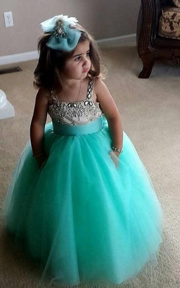 Flower Girl Square Neck Tulle Ball Gown With Beaded Satin Top