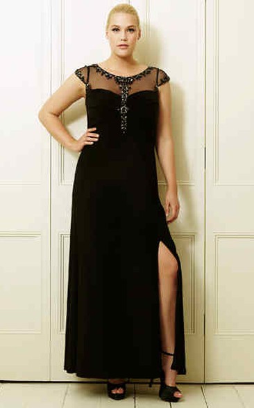 Scoop-Neck Beaded Short-Sleeve Ankle-Length Chiffon Plus Size Prom Dress With Split Front