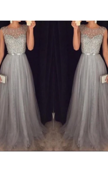 A-line Scoop Sleeveless Tulle Beading Sweep Train Dresses