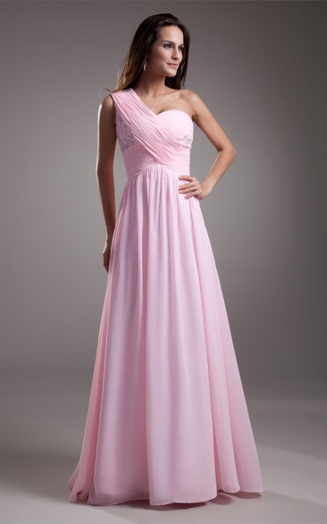 One-Shoulder Chiffon Floor-Length Criss-Cross Gown With Beading