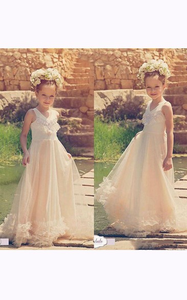 Flower Girl V-neck A-line Tulle Gown With Appliques And Tiers