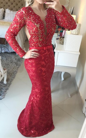 Stunning Long Sleeve Lace Evening Dress Pearls Mermaid Prom Gown