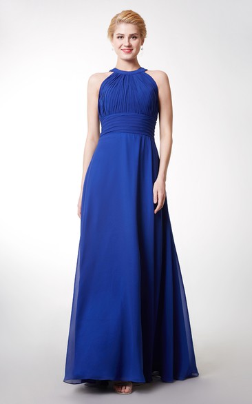 Chic High Neck Chiffon Gown With Ruching and Keyhole