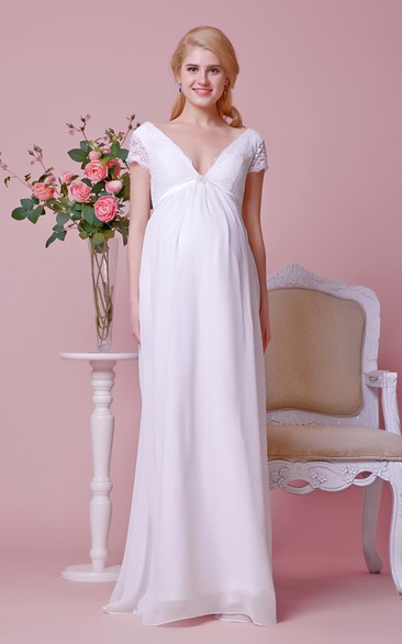 Empire Low-v Neck Cap-sleeved A-line Chiffon Long Dress With Pleats