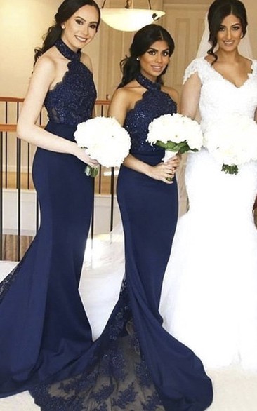 Sleeveless Mermaid Halter Lace And Jersey Bridesmaid Dress With Train And Appliques