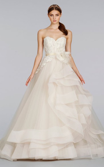Angelic Sweetheart Lace Bodice Tulle Ball Gown With Peplum and Ribbon