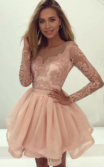 Lace Tulle Short A Line Long Sleeve Modern Homecoming Dress