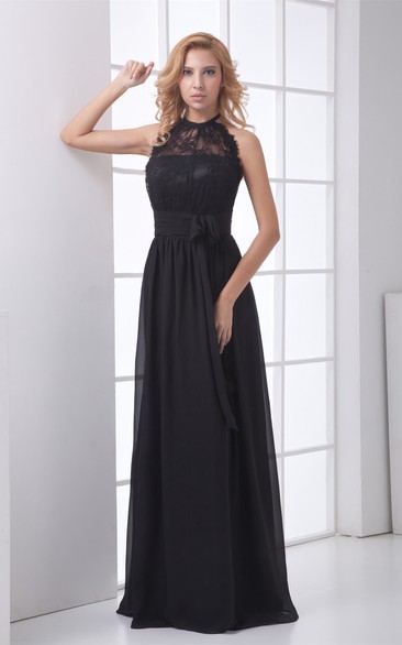 High-Neck Sleeveless Maxi Lace Dress With Bow