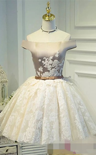 Ball Gown Sleeveless Satin Lace Off-the-shoulder Lace-up Short Mini Homecoming Dress