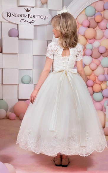 Flower Girl Jewel Neck Tulle Ball Gown With Lace Top
