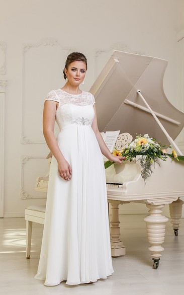 A-Line Long Jewel-Neck Cap-Sleeve Empire Corset-Back Chiffon Dress With Beading And Pleatings