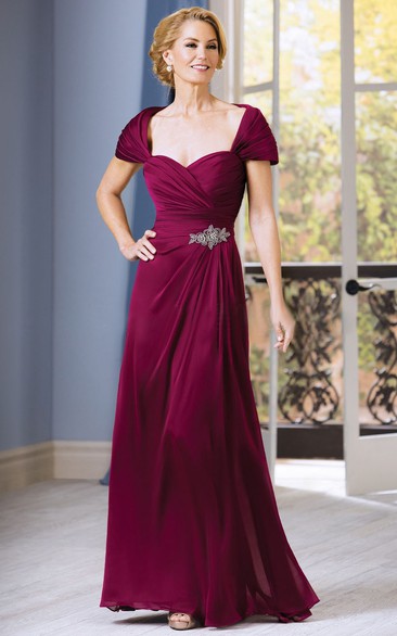 Short-Sleeved A-Line Gown With Beadings And Ruching
