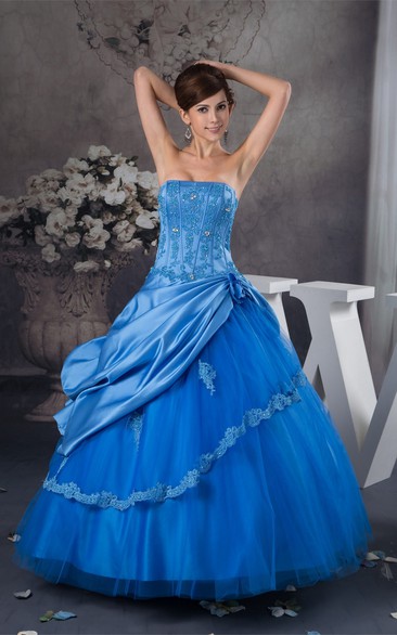 Strapless Quinceanera Pick-Up Lace and Dress With Beading
