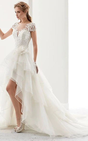Illusion Jewel-Neck High-Low Bridal Gown With Ruffles And T-Shirt Sleeves
