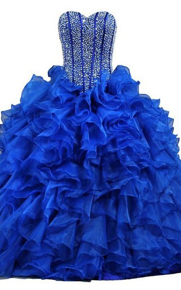 Ball Gown Maxi Sweetheart Sleeveless Bell Beading Ruffles Corset Back Lace Sequins Organza Dress