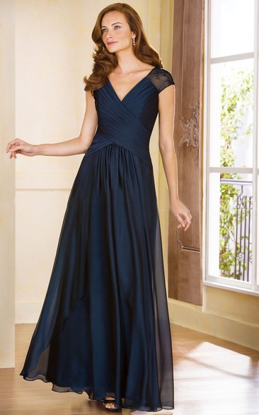 Cap-Sleeved V-Neck A-Line Gown With Crisscross Ruches