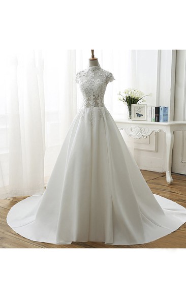 Illusion Ball Gown Wedding Dress With High Neck And Beadings Appliques