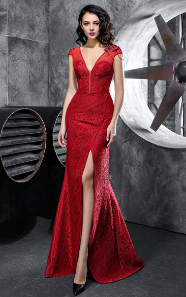 Elegant V-neck Mermaid Lace Floor-length Evening Dress with Split Front