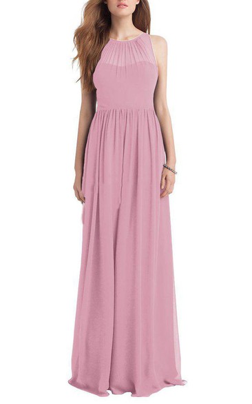 Illusion Ruched Long Bridesmaid Dress with Keyhole Back