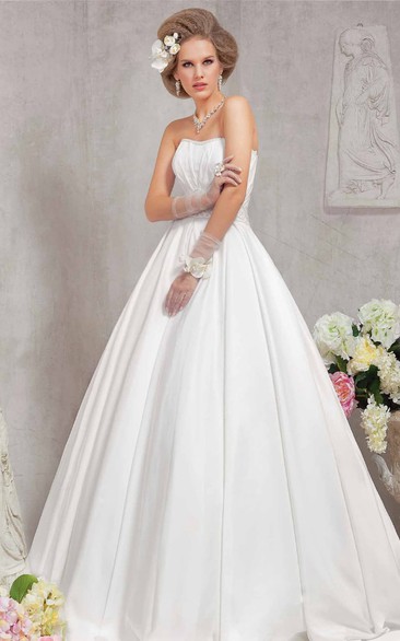 A-Line Maxi Strapless Sleeveless Lace-Up Satin Dress With Ruching And Beading