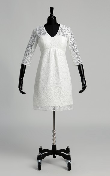 A-line V-neck Illusion 3/4 Length Sleeve Knee-length Lace Wedding Dress