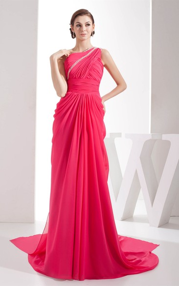 One-Shoulder Jeweled Chiffon Sweep Train and Dress With Central Ruching