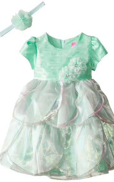 Short-sleeved Ruffled A-line Dress With Flowers and Bow