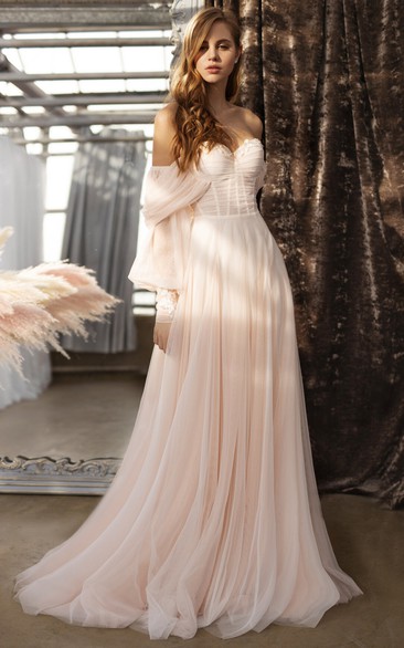 Sweetheart Empire Ruched Puff-sleeve Tulle Pleated Blush Boho Wedding Dress