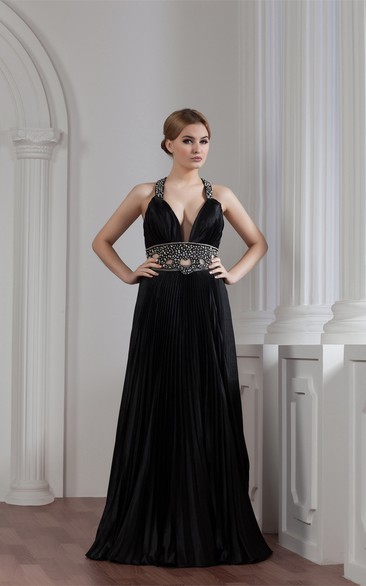 Plunged Maxi A-Line Keyhole and Gown With Beading