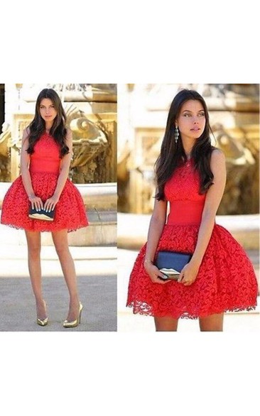 Red Mini Length Lace Cocktail Dress Ball Gown Party Dress