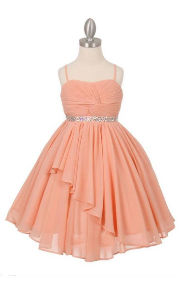 Spaghetti Straps Pleated A-line Chiffon Long Dress With Beadings and Lace Up