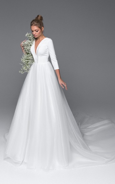 Sexy A Line Satin and Tulle V-neck Bridal Dress with Ruching