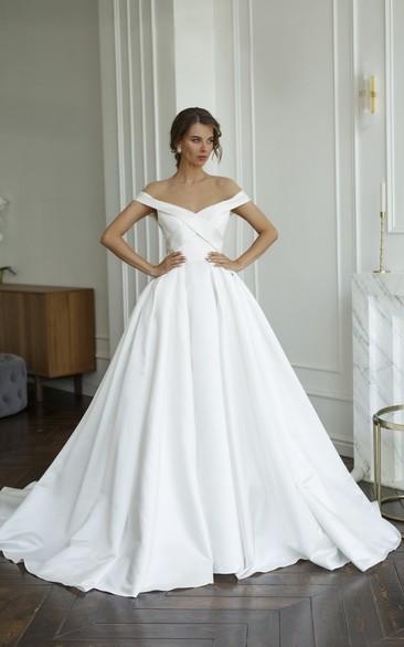 Off-the-shoulder Criss Cross Illusion Satin Wedding Dress With Illusion Keyhole Back And Buttons