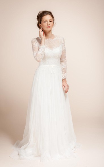 Illusion Long Sleeve A-Line Tulle Dress With Lace Bodice and Illusion Back