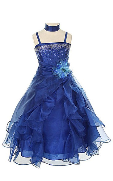 Sleeveless A-line Organza Dress With Ruffles and Flower