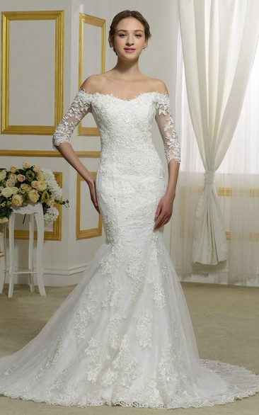 Off-the-shoulder Lace Elegant 3/4 Sleeve Mermaid Wedding Dress With Illusion Button Back