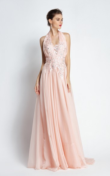 A-Line Floor-length Sweep Brush Train Halter Chiffon Sleeveless Prom Dress with Appliques and Pleats