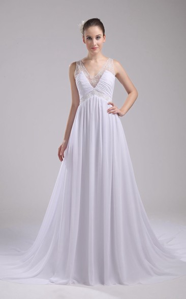 Plunged Sleeveless Chiffon Dress With Beading and Illusion Straps