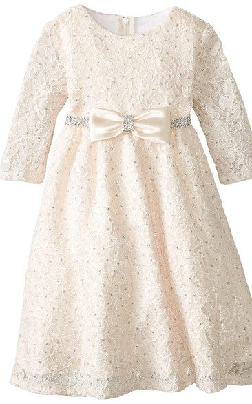 3-4 Sleeved A-line Lace Dress With Bow and Beadings